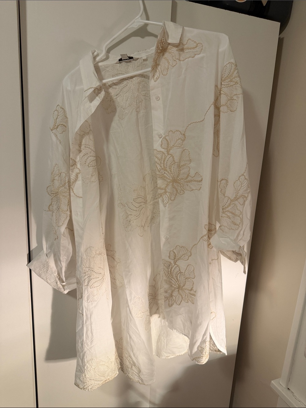 next White Button-Down Shirt with Cream Floral Embroidery